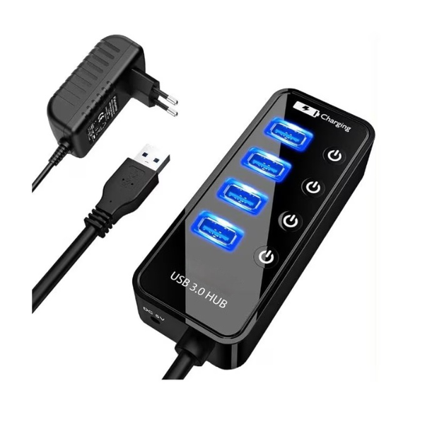 Hub, USB 3.0, Fast charge, 5V/3A, On/Off Button, LED Lighting, Black
