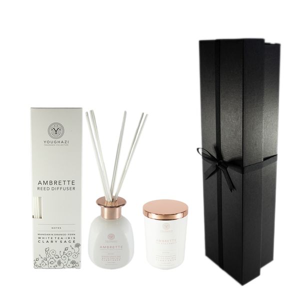 Set of Ambrette Reed Diffuser with Reedsticks and Ambrette Soy Wax Candle