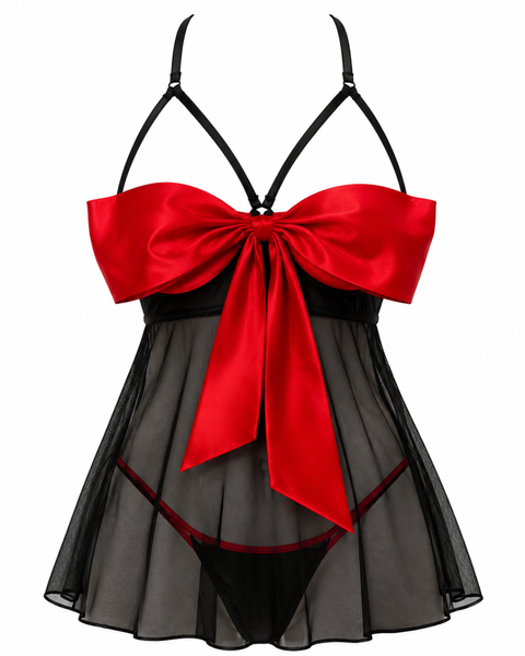 Luxe Noir Sheer Baby doll Lingerie Set with Satin Bow