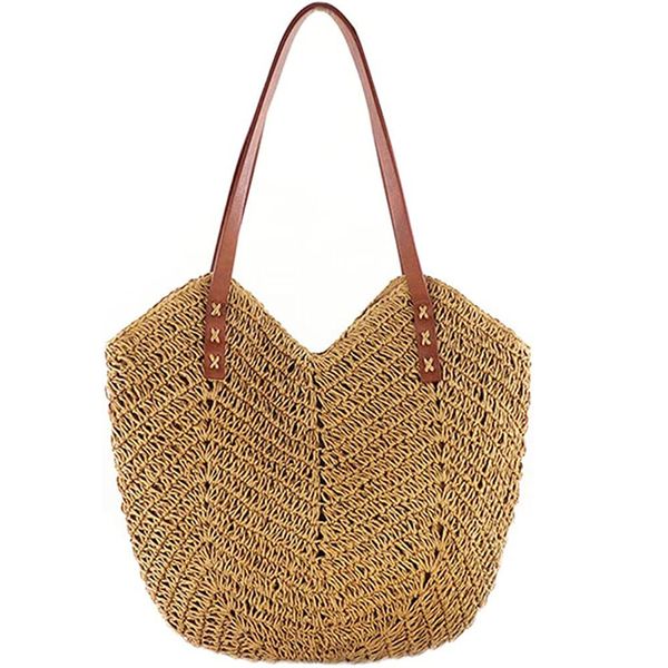 Women's Multifunctional Light Coffee Hollow Woven Beach Handbag