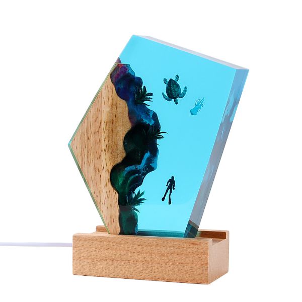 ZELTRYN Sea Turtle &amp; Diver Resin Ornament 7-Color Wood Base Night Light