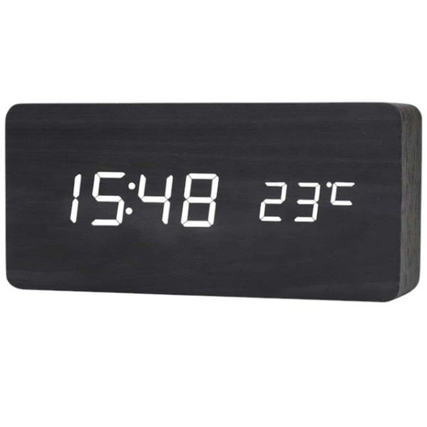 Wooden Design Battery-Powered Digital LED Alarm Clock - Black