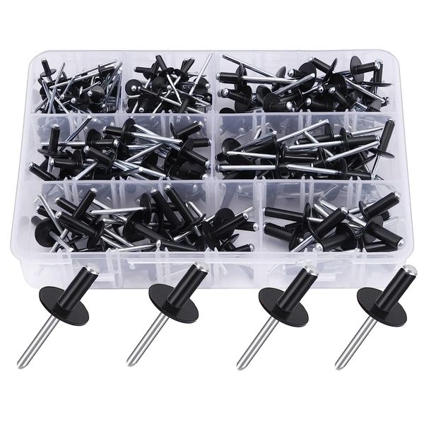 Home Tool DIY Aluminium Flange Blind Rivet Assortment Kit 180 Pieces - Black