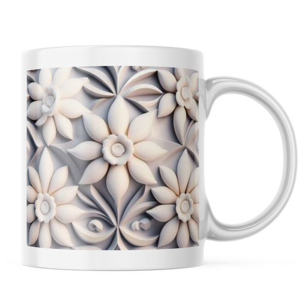 Ceramic 3D Flower Mug - White Flowers on Mug - 11 OZ