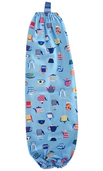 Blue Plastic Bag Holder with a Variety of Tea Cups