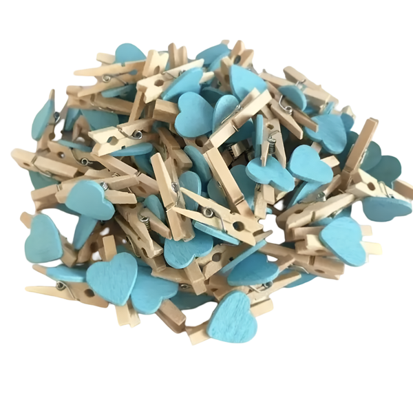 Mini Wooden Clothespins with Blue Hearts 26-Pack