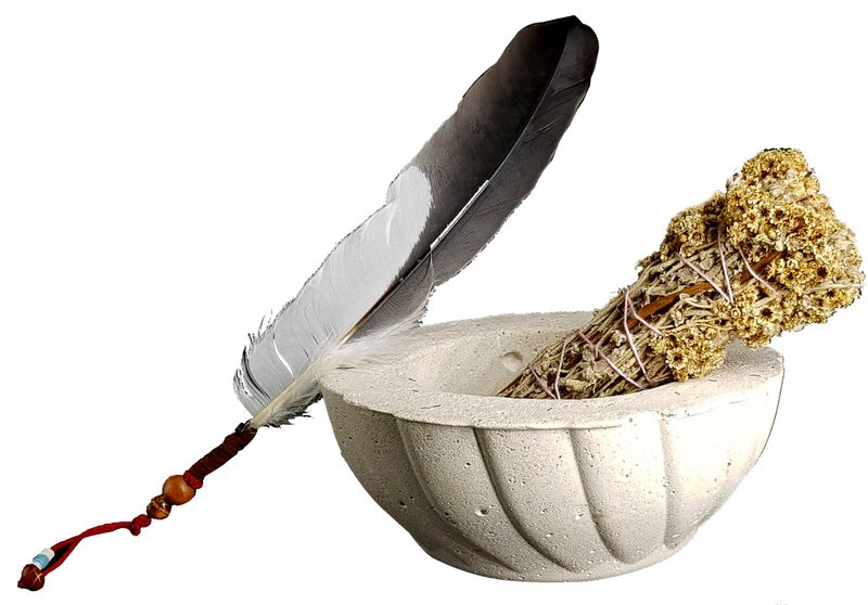 Cement Smudge Bowl and Imphepo Smudge Wand -Heron Smoke Feather Fan