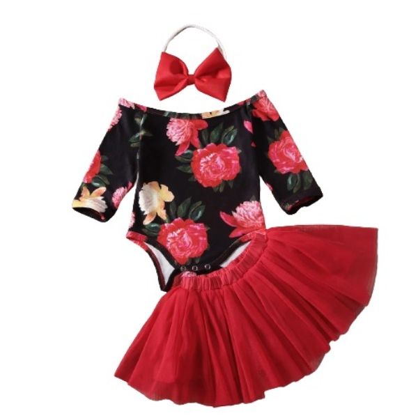 3 Piece Red &amp; Black Floral Set