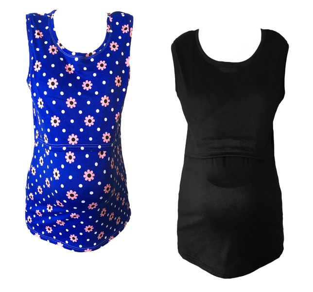 Maternity &amp; Breastfeeding Tank Top- 2 Pack-Blue with Pink Flower &amp; Black