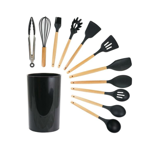 Kitchen Utensils 12 Piece Silicone with Holder Black