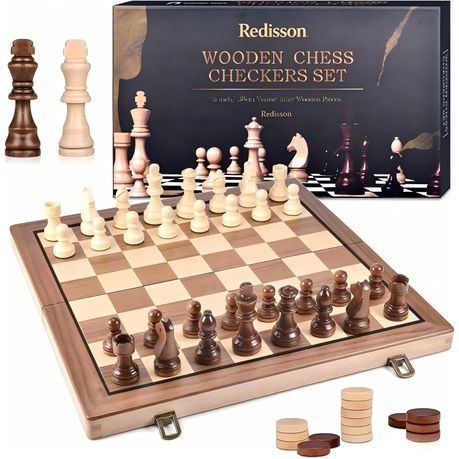Redisson 2-in-1 Wooden Chess & Checkers Set - Strategy Board Game (39cm) Image
