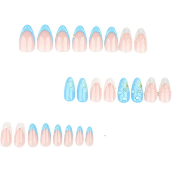 Summer Blue Ocean Waves Press on Nails Medium Almond Fake Nails