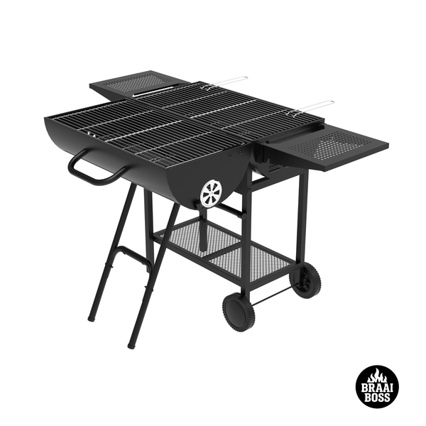 BraaiBoss 70cm Double Barrel Charcoal Braai - Side Shelves &amp; Twin Grills