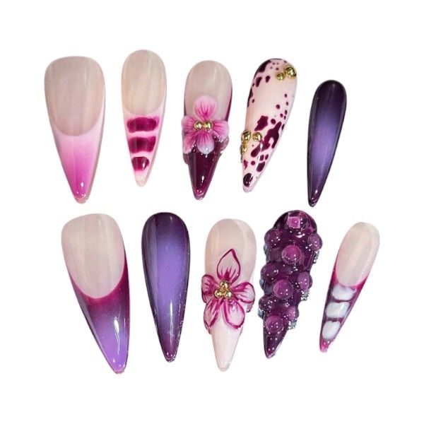 10 Piece - Stiletto 3D Flower Nails With Dewdrop Accents - Multicolor