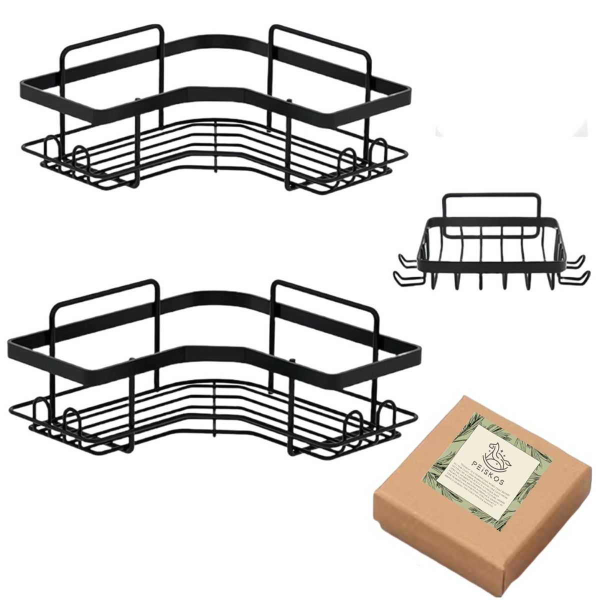 PEISKOS Nail-Free Corner Shower Shelf Rack With Soap Holder and Hooks