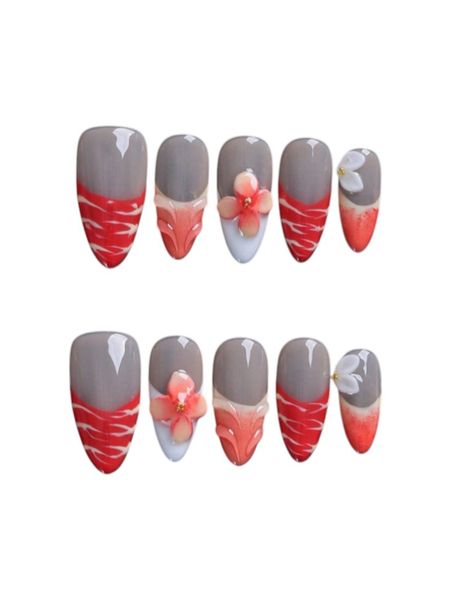 10 Piece - Almond-Shaped Velvet French Tip Press-On Nails Set - Multicolor