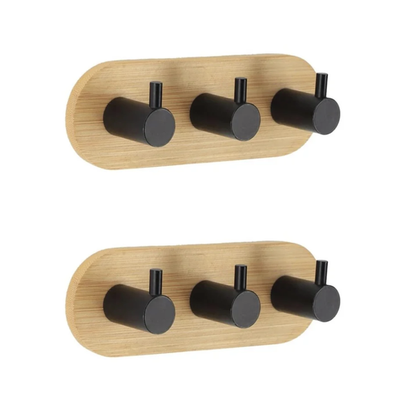 Self-Adhesive 3 Hook Metal and Wood Wall Hook - 2 Pack