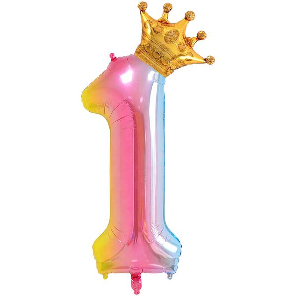 Large Metallic Rainbow Crown Foil Balloon - Gradient Party Number 1