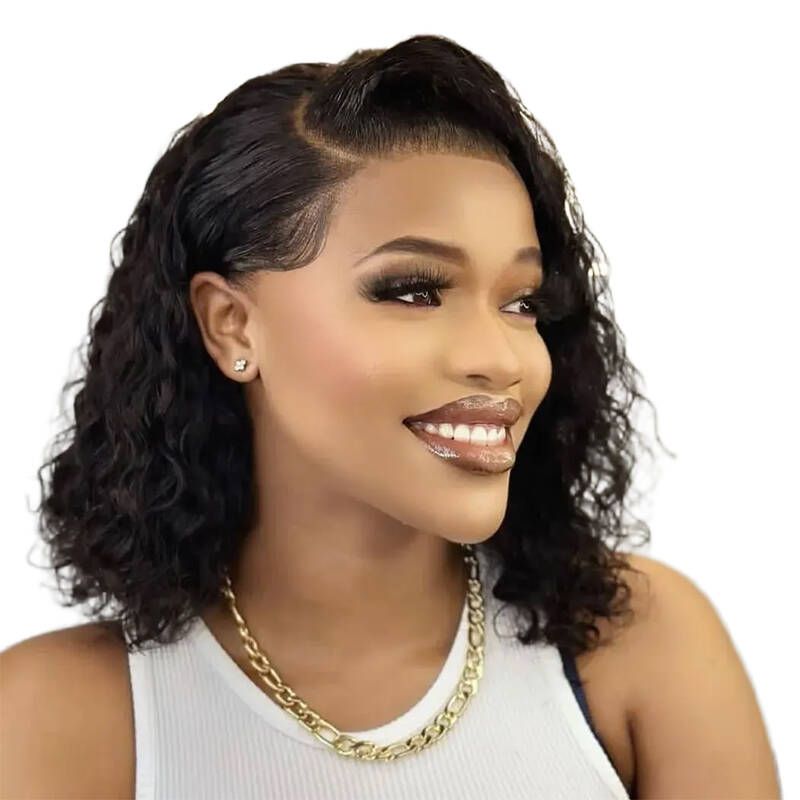 Geebuy 14Inch Brazilian Hair Full Frontal Wig-Water Wave Glueless Bob Wigs