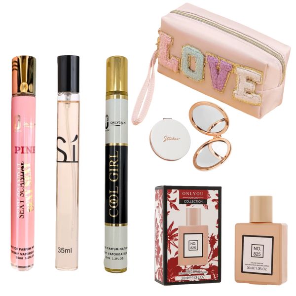 Perfume Gift Set - 4 Random Scents + Makeup Bag &amp; Mirror (Assorted Styles)