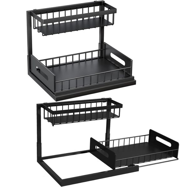 2PCS Under Sink Organizer 2-Tier Pull Out Cabinet Organizers Storage Rack
