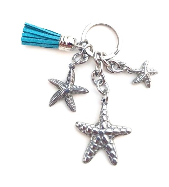 3 piece starfish keyring /bag charm with blueish tussle - Stainless steel