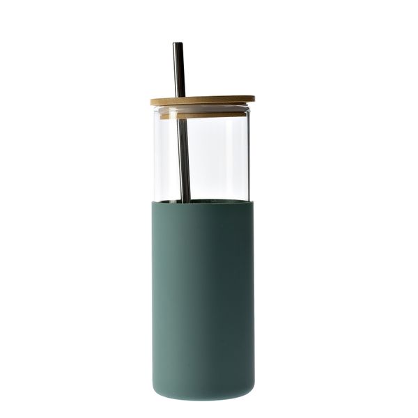 George &amp; Mason - Glass Bottle with Silicone and Straw - Green