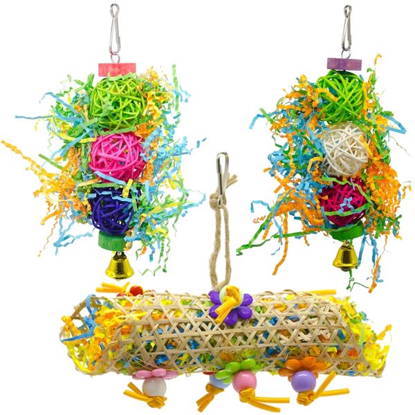 Pet Bird Parrot Colourful Shredded Hanging Interactive Play Toy Set Of 3