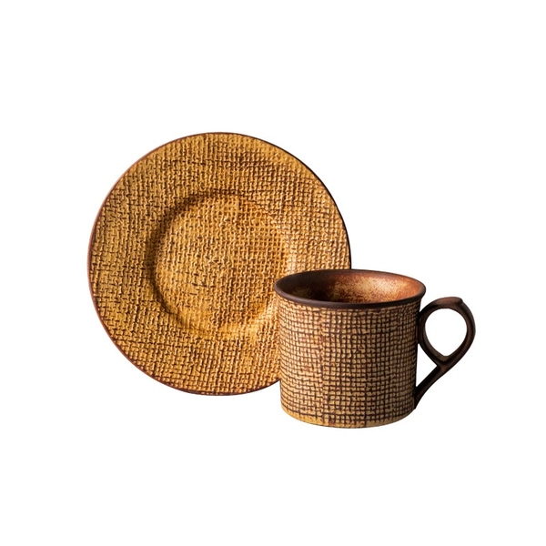 Vintage Burlap Textured Ceramic Coffee Cup with Saucer