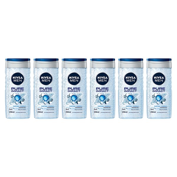 NIVEA MEN Pure Impact 3in1 Shower Gel Wash with Purifying Minerals, 6x250ml