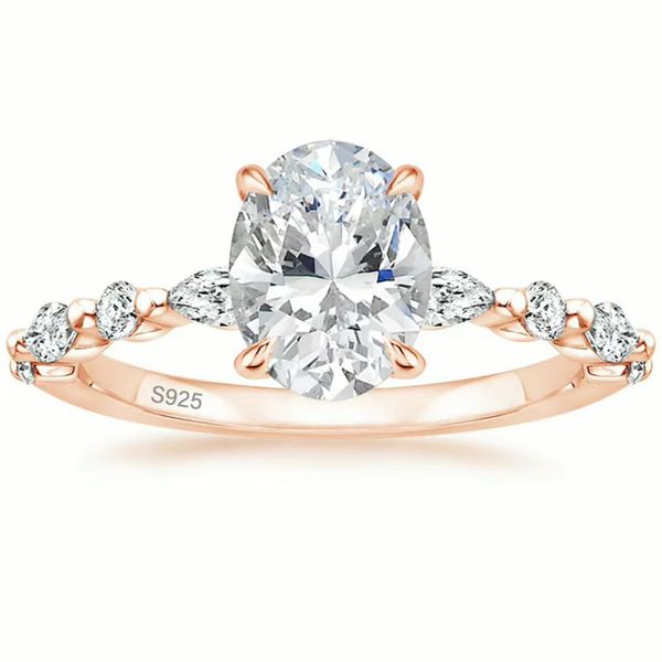 Rings Somen 925 Oval Wedding Rings Solitaire Halo - Rose Gold