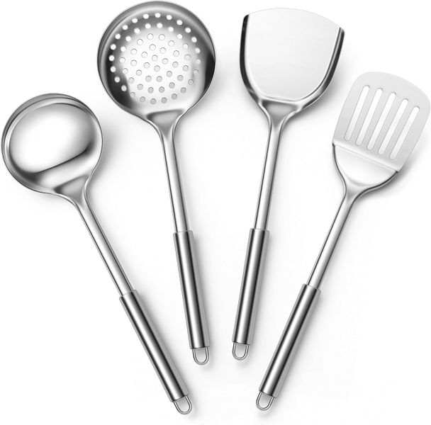 HOMGEM Stainless Steel Cooking Utensils, Silver 4 Kitchen Utensil Set