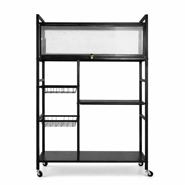 Kitchen Storage Rack with Sliding Door - Black Metal, on Wheels