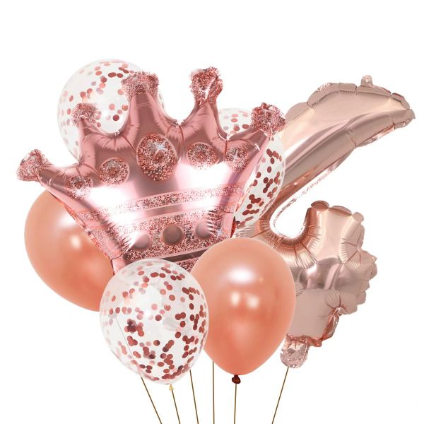 7 Piece Foil Number 4 Rose Pink Balloon For Birthday Set