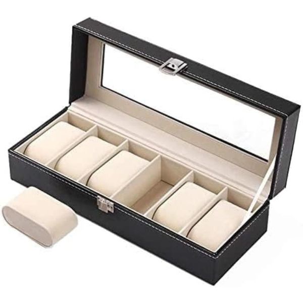 6 Slots Watch Holder Stand Display Storage Case PU Leather Watch Box - Black