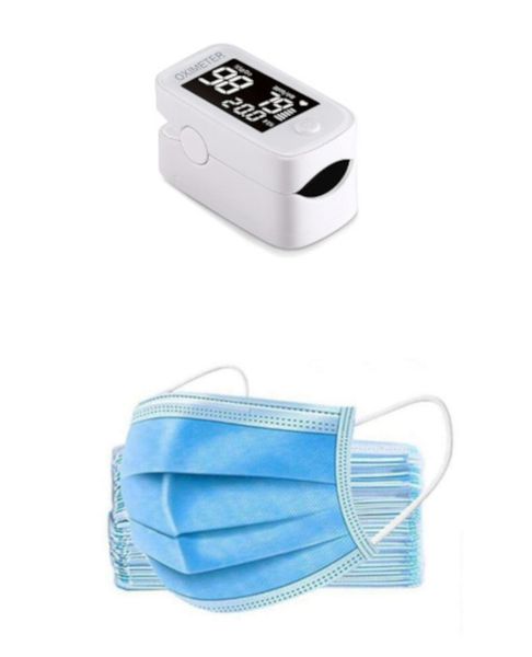YM103 Finger Pulse Oximeter Monitor &amp; 50x Blue Disposable Face Cover Masks