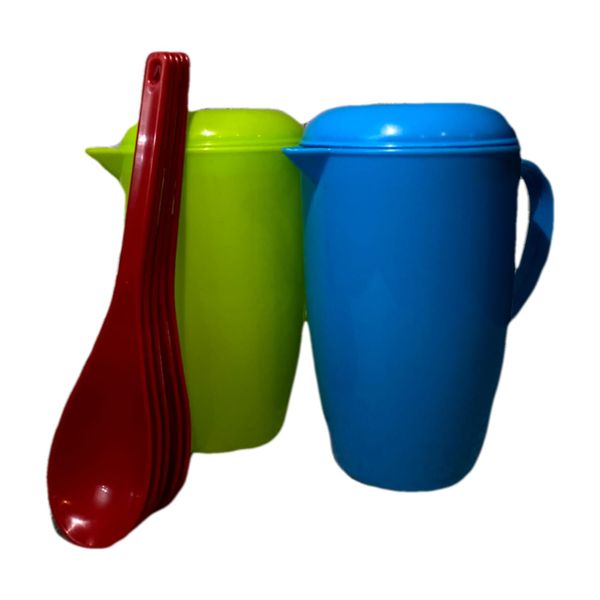 Elite Blue - Green Plastic 2 Pack Jugs + 5 x Large Kitchen Spoons