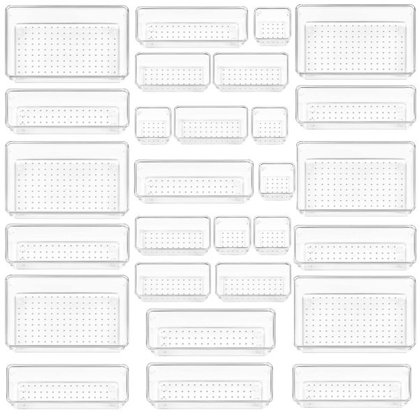 28 Piece Clear Acrylic Plastic Drawer Organizer Set 4 Sizes For Cosmetics