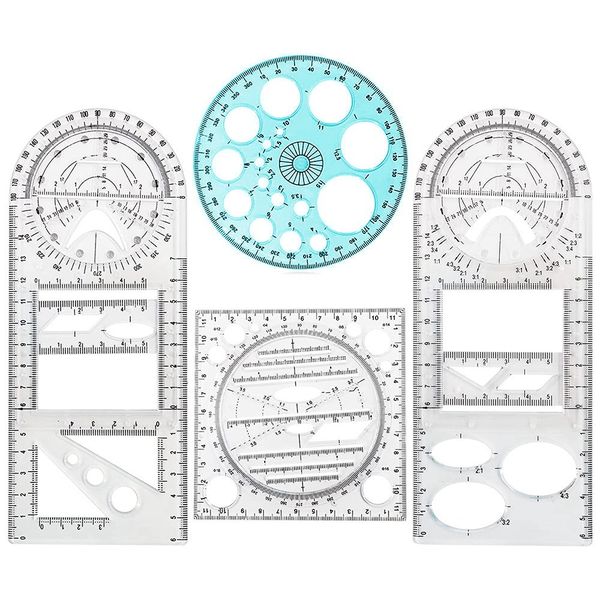 4 Pcs Multifunctional Geometric Ruler Drawing Tools Plastic Ruler Set