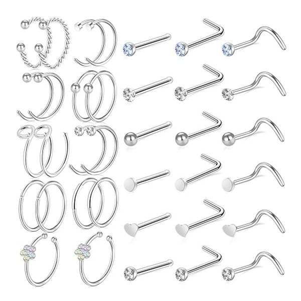 40 Pcs Nose Rings,Hoops, Studs,L Shape, Stainless Steel Nose Piercings