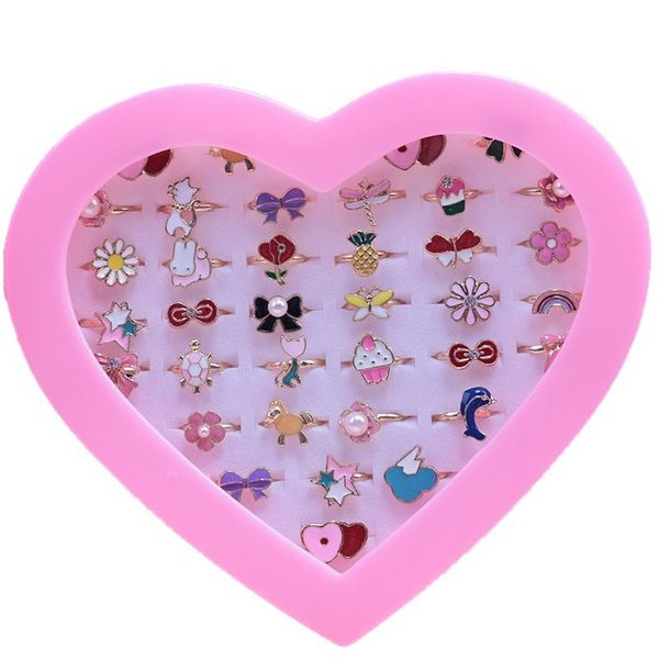 Kids Girl Rings, Adjustable Ring with Pink Heart Box, Party Gift - 36 Piece
