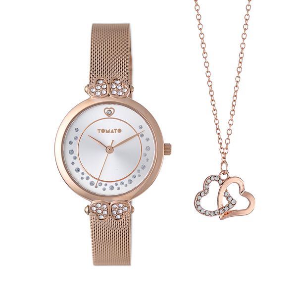Tomato Watch Set Ladies, Rosegold Mesh, stones, and Knotted Heart necklace