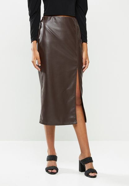 Women's VELVET Pu pencil skirt with slit - chocolate