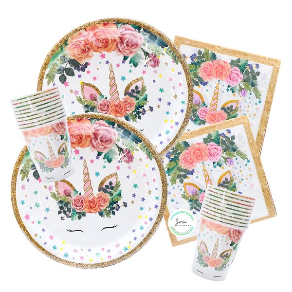 Unicorn Rose and Gold Party Box - Plates, Cups and Serviette Combo - 20