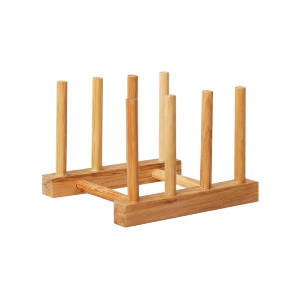 Compact Bamboo 3-Slot Dish &amp; Lid Drying Rack With 8 Rods - Brown