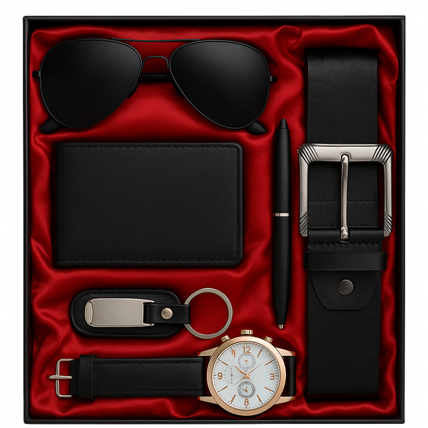 Luxury 6-Piece Mens Gift Set-Watch Wallet Belt Sunglasses Pen and Keyholder
