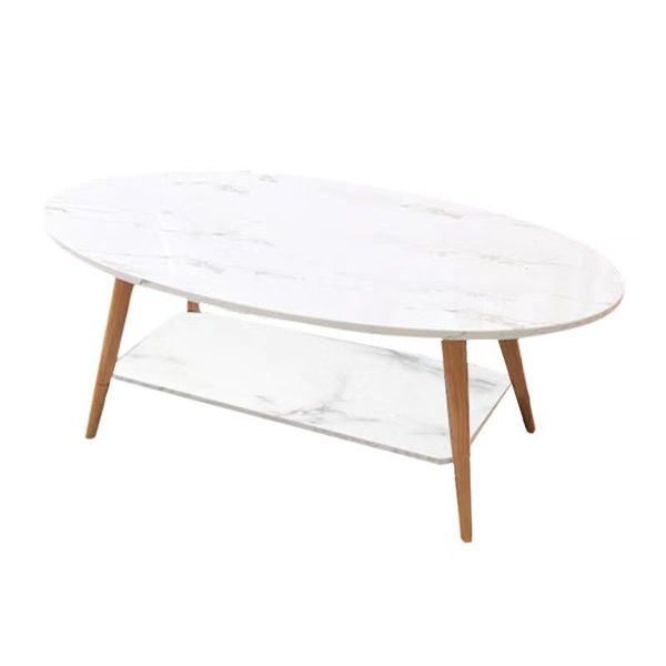 2 Tier Oval Shape Wooden Coffee Table Modern Home End Table with Open Shelf