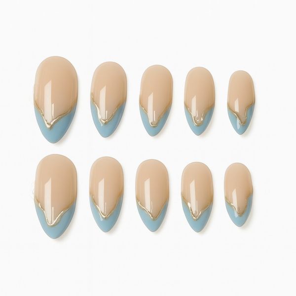 10 Piece- Glossy Nude And Blue Press-On Nail Set With Gold Detailing