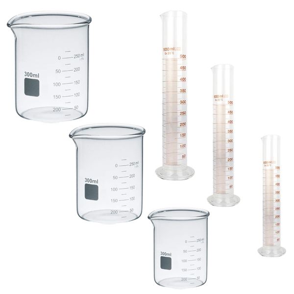 Game Experiment Borosilicate Glass Beaker Mug &amp; Measuring Cylinder - 6 Piece