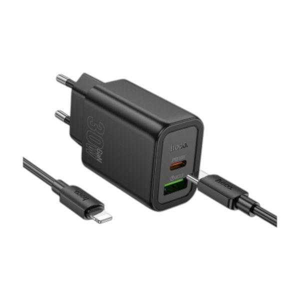 HOCO N63 30W GaN Fast Charger Dual Port USB-C With Type C + Iphone Cable